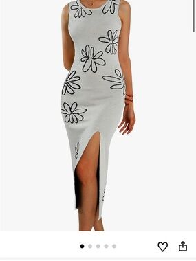 Sleeveless White Floral Midi Dress with Front Slit
